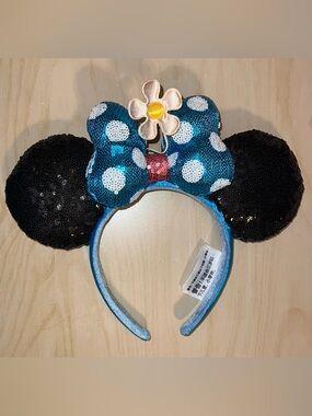 Disney Sequin Minnie Headband with Blue Polka Dot Bow California Disneyland